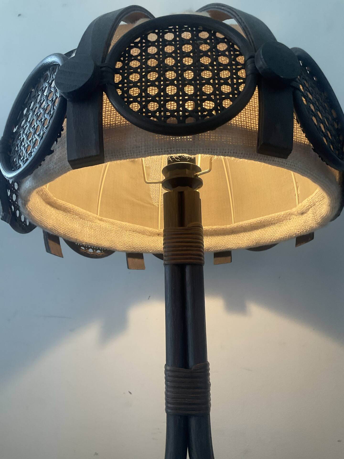 Vintage lamp in rattan, caning and jute fabric from the 1970s.