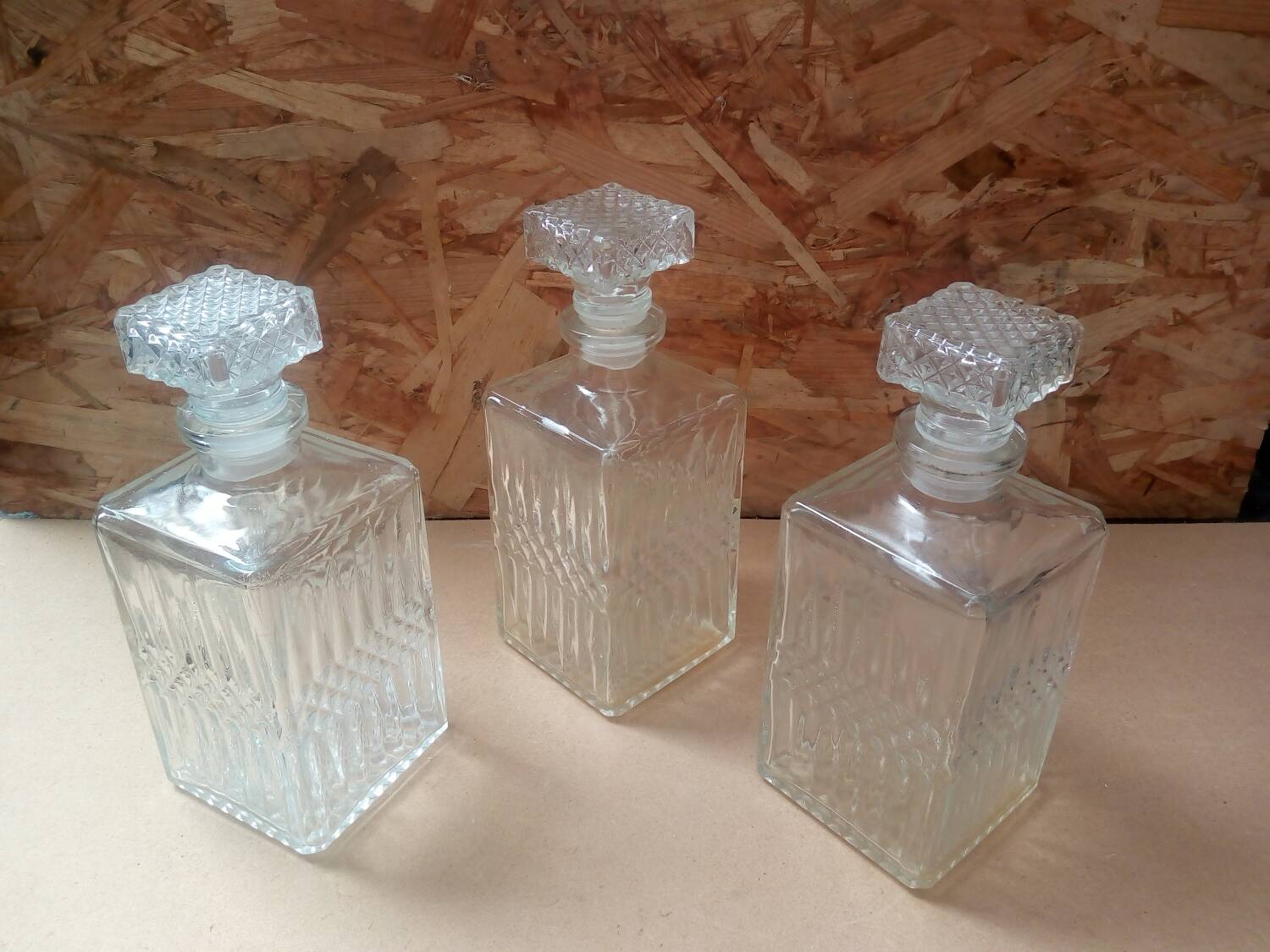 Set of 3 molded glass whiskey liqueur carafes + vintage stoppers