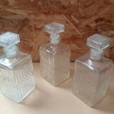 Set of 3 molded glass whiskey liqueur carafes + vintage stoppers