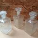 Set of 3 molded glass whiskey liqueur carafes + vintage stoppers