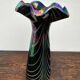 Vintage iridescent glass vase with ribbed design and ruffled neck, H 21 cm.