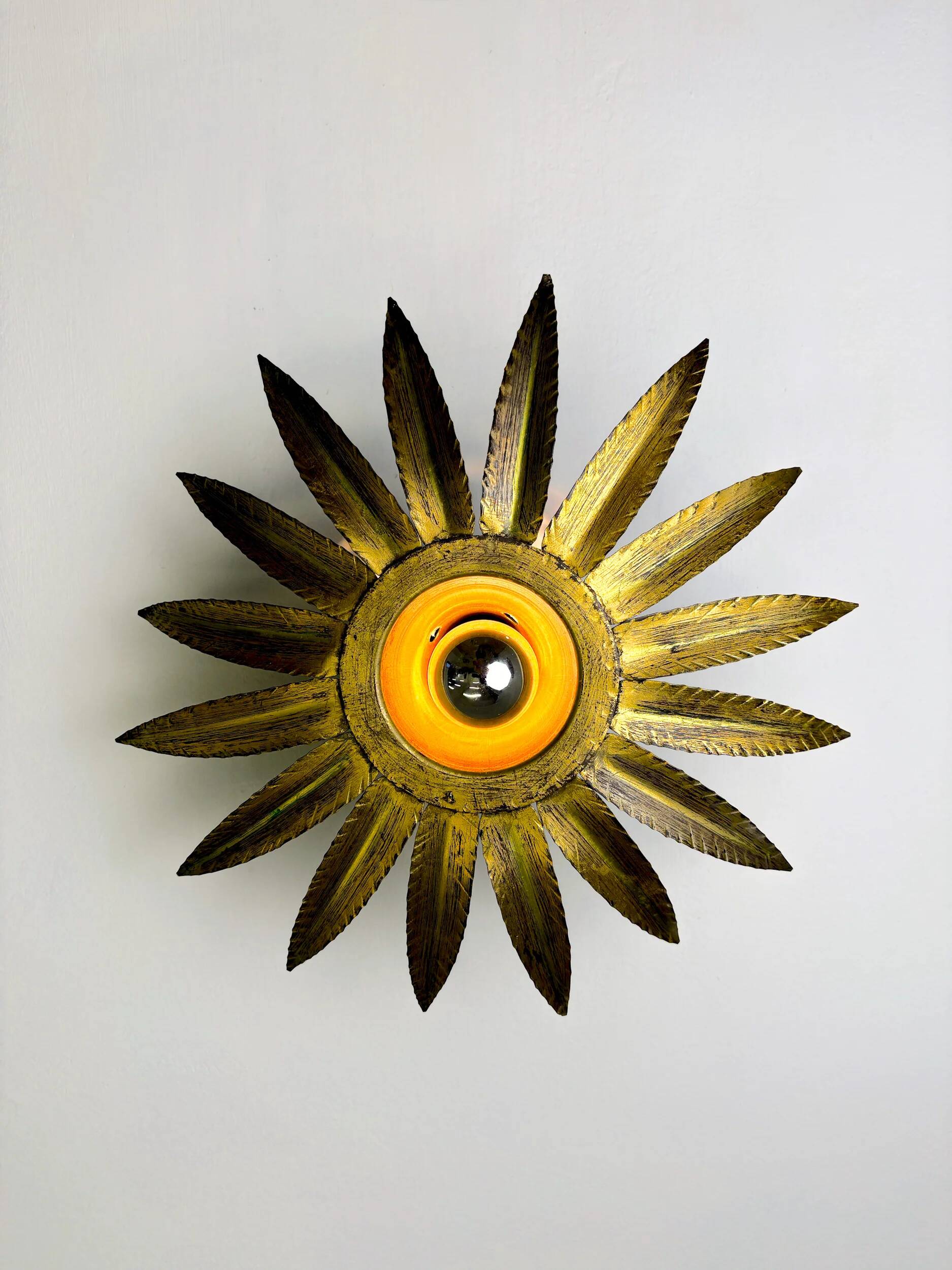 Spanish sunburst flush mount light fixture in gilt iron, Ferro Art, 1960s