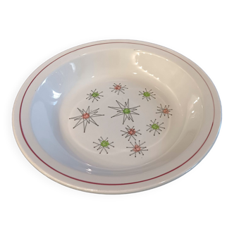 1 grande assiette creuse Gien modèle Marie Claude, motifs comètes vert et rouge.