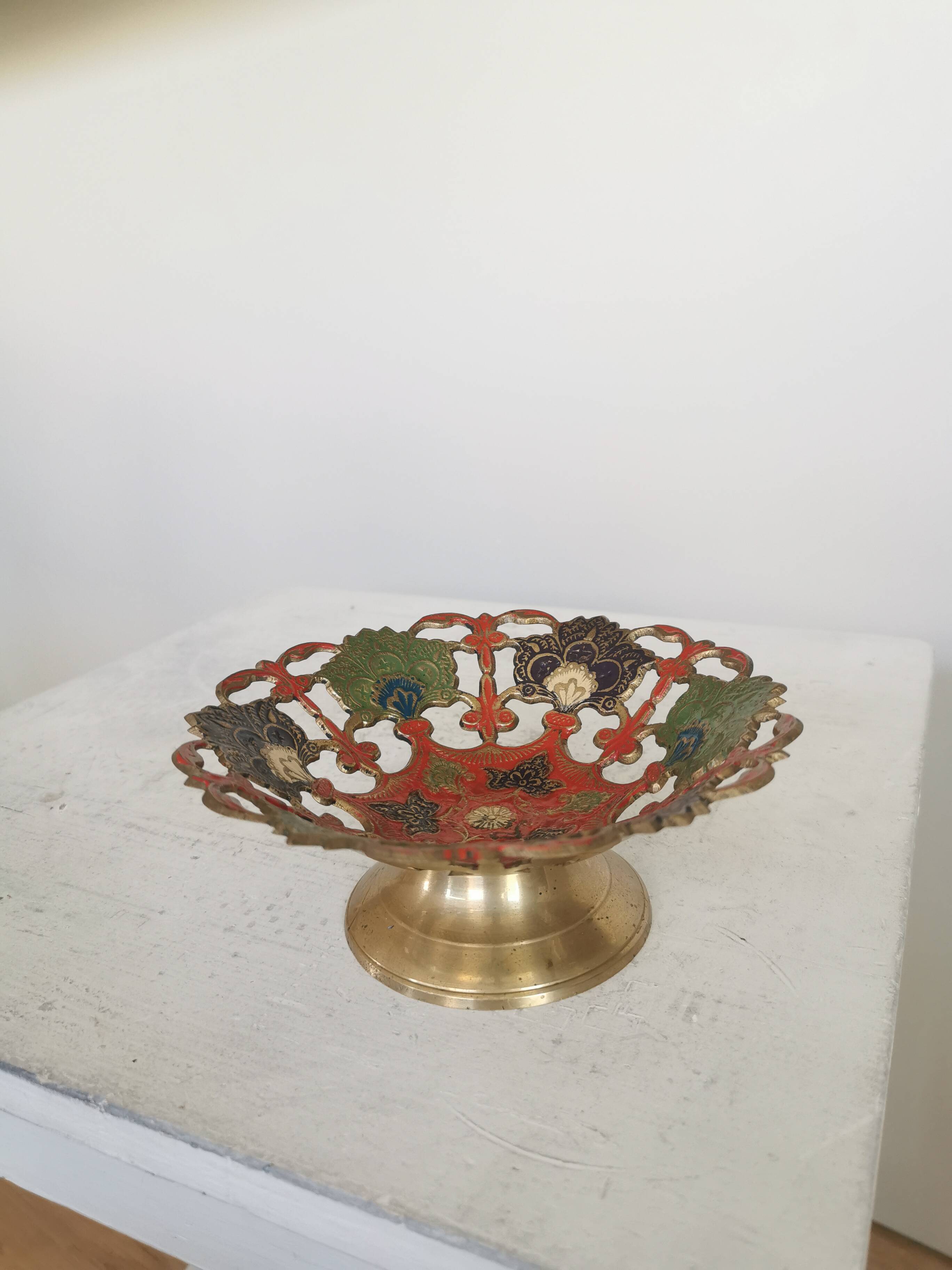 Vintage Brass Pedestal Bowl: Floral Motif, Red Blue Green Painted