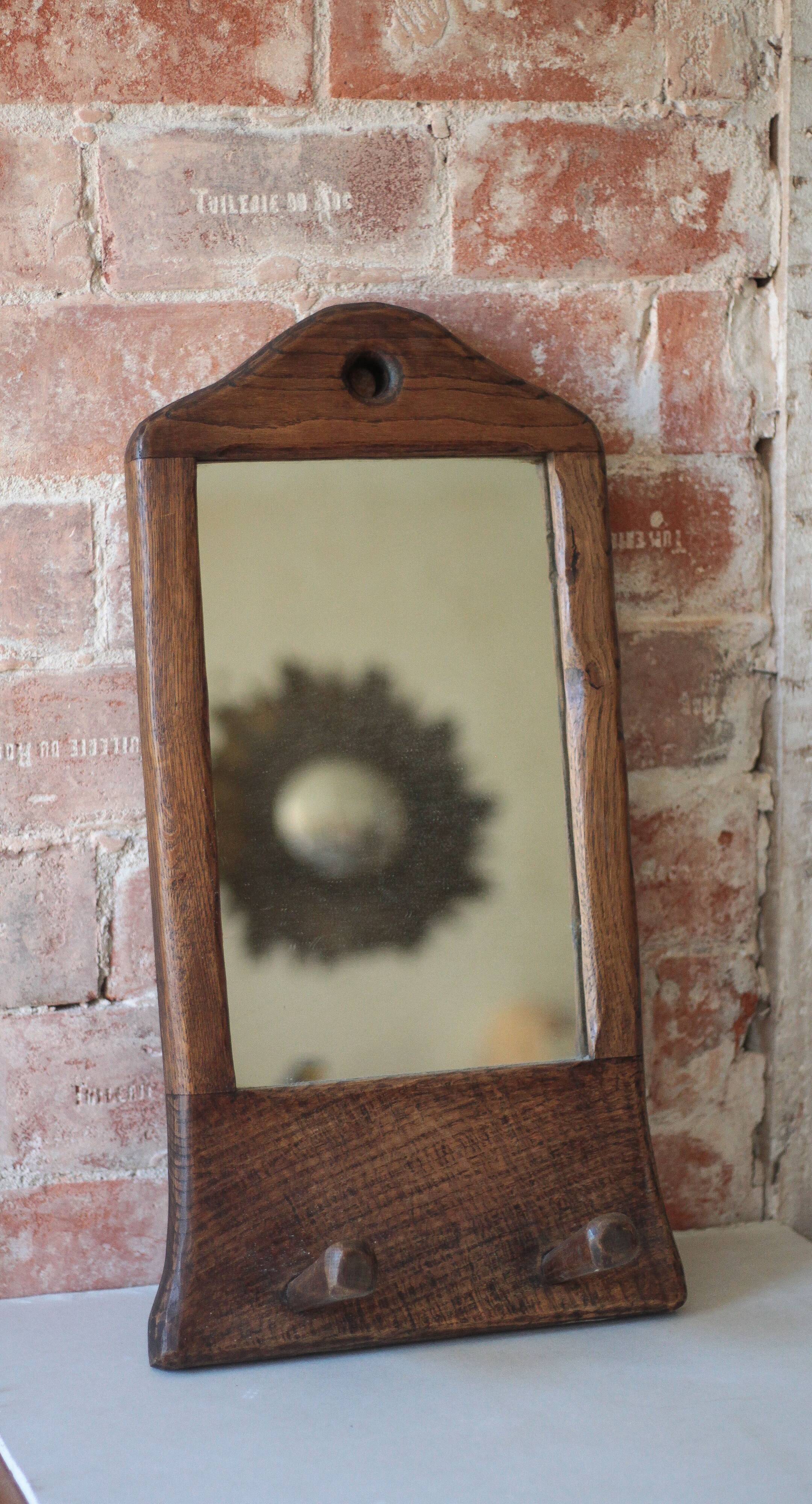 Wall-mounted coat rack mirror with solid wood hooks, brutalist mirror.