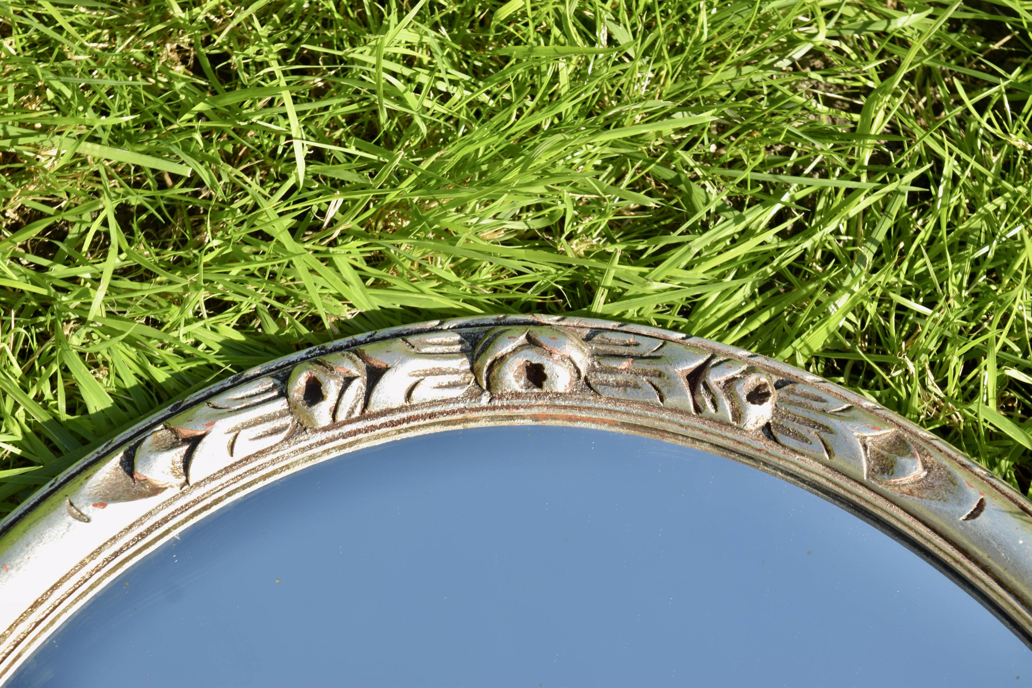 Old large oval wall mirror in silver painted wood - 1950s