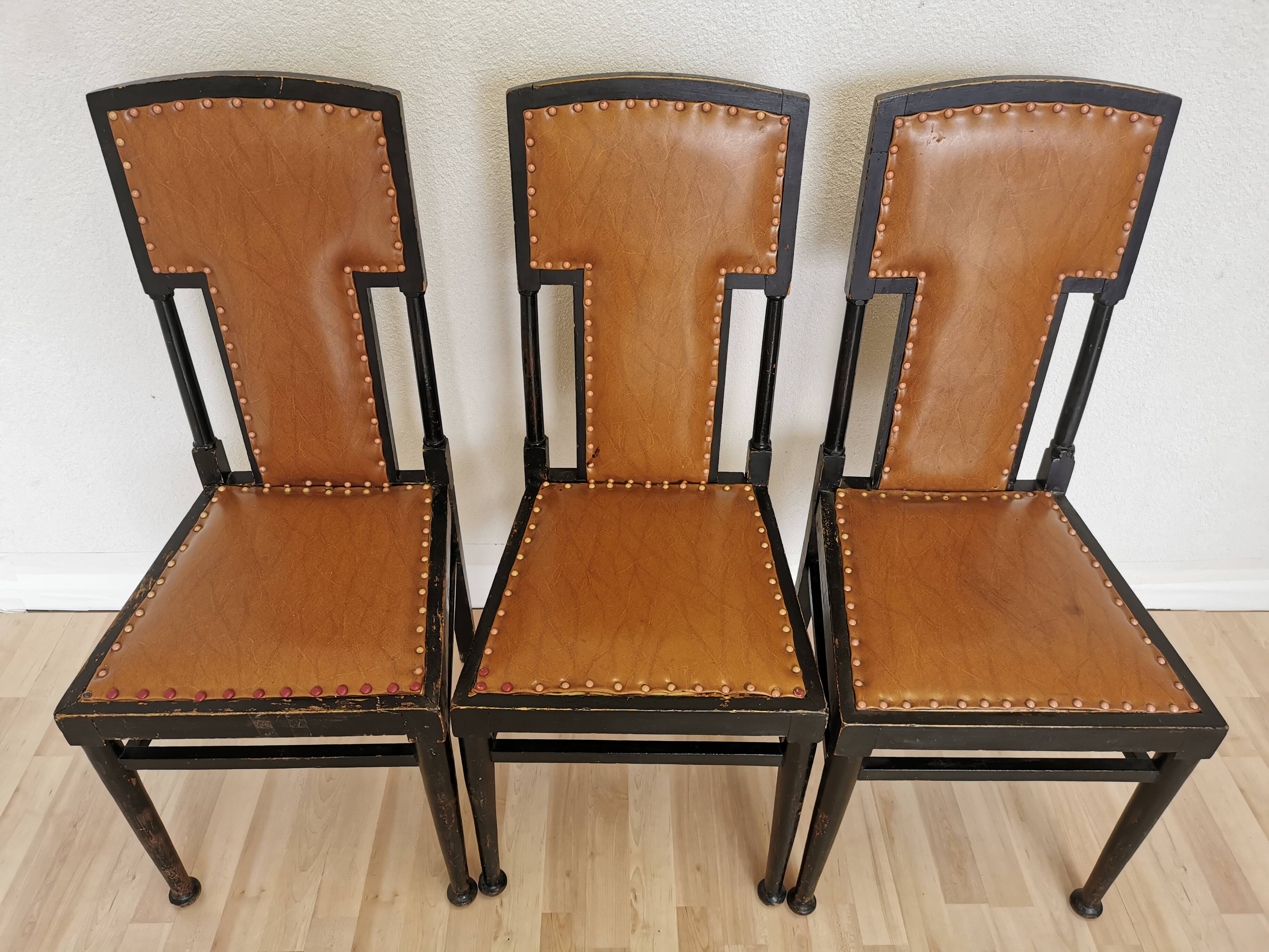 Set of 3 Vintage Dining Chairs: High Back, Leather Seat, Nailhead Trim