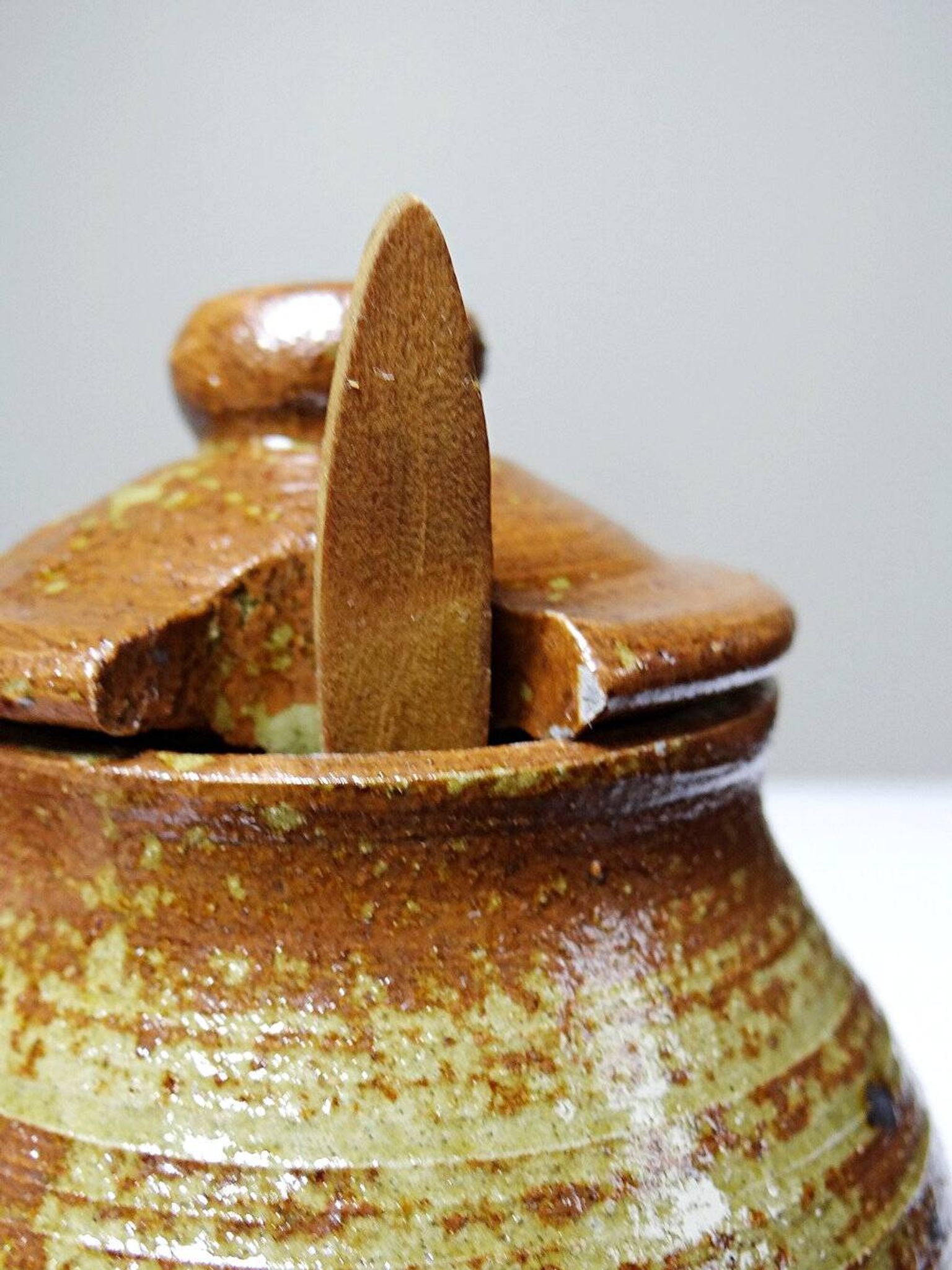 Vintage condiment service in glazed pyrite stoneware, artisanal Baudat La Borne style.