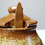 Vintage condiment service in glazed pyrite stoneware, artisanal Baudat La Borne style.