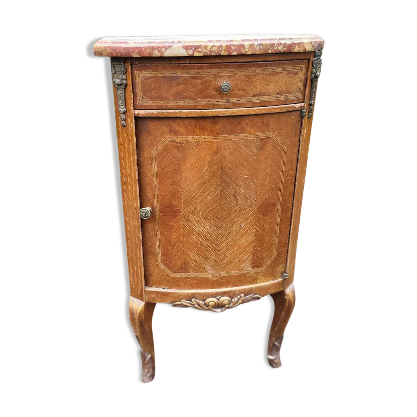 Antique side table in marquetry wood with a marble top – late 11th century