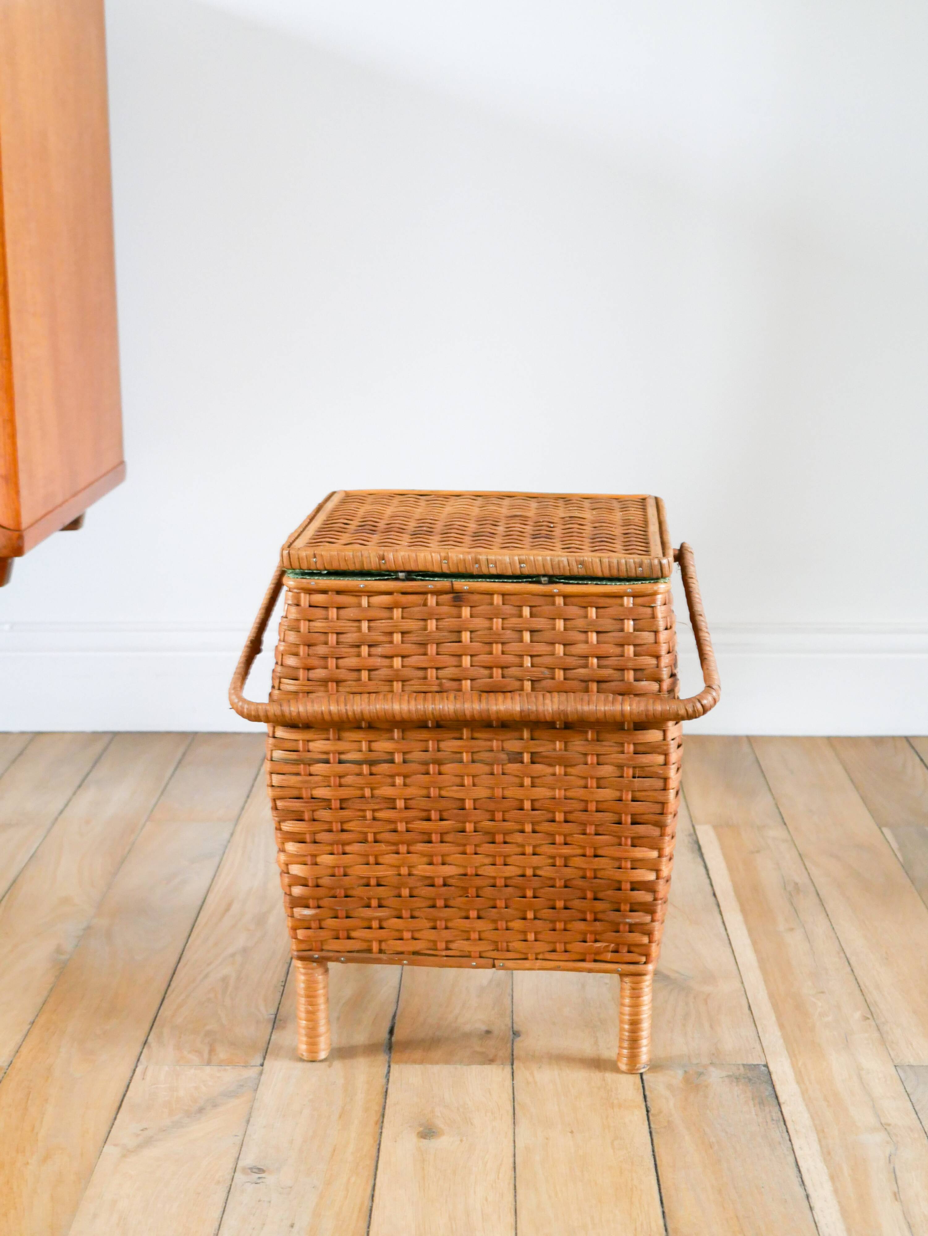 Little rattan worker, vintage green fabric interior, 1960