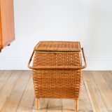 Little rattan worker, vintage green fabric interior, 1960
