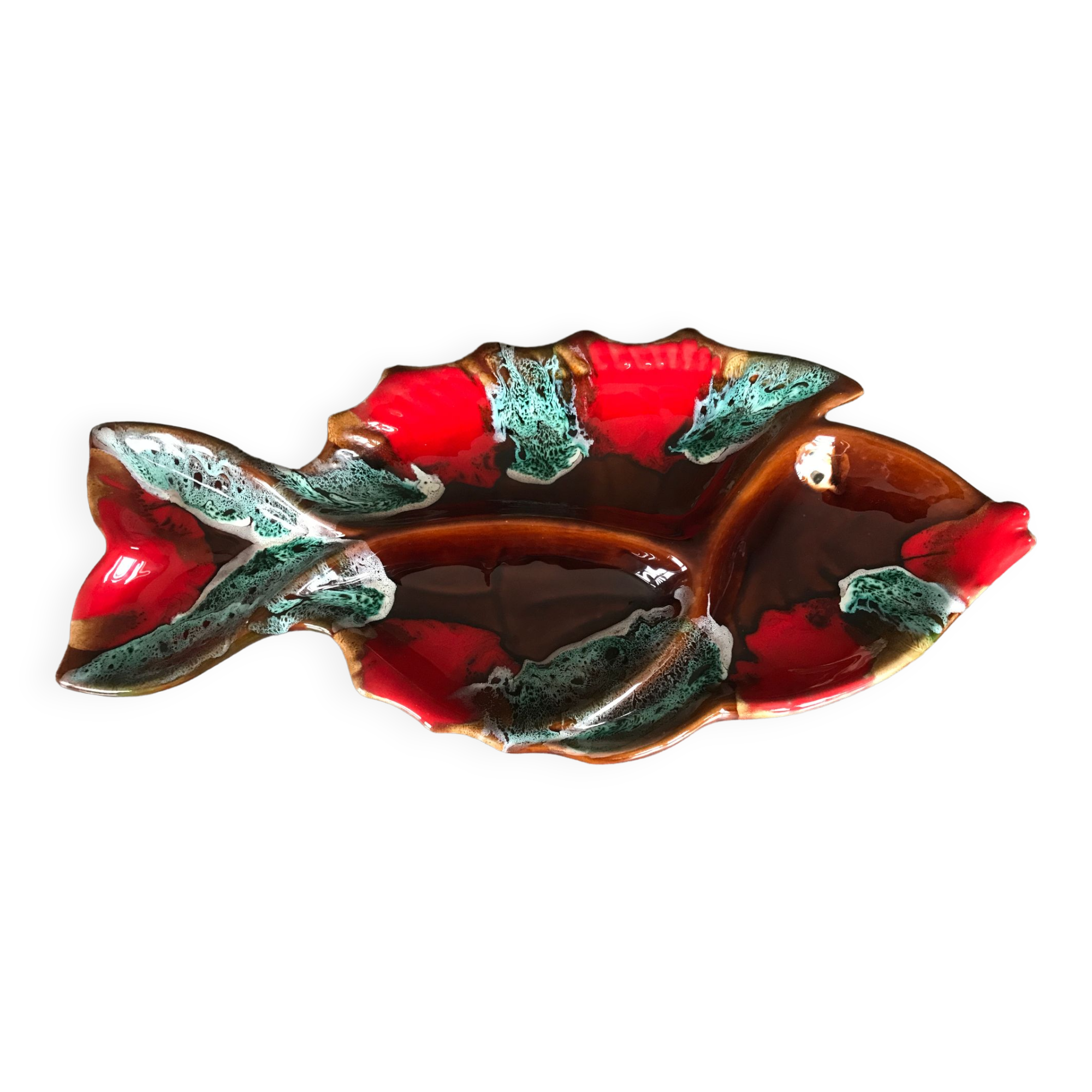 Vallauris compartmentalized dish fish shape polychrome ceramic 47 cm
