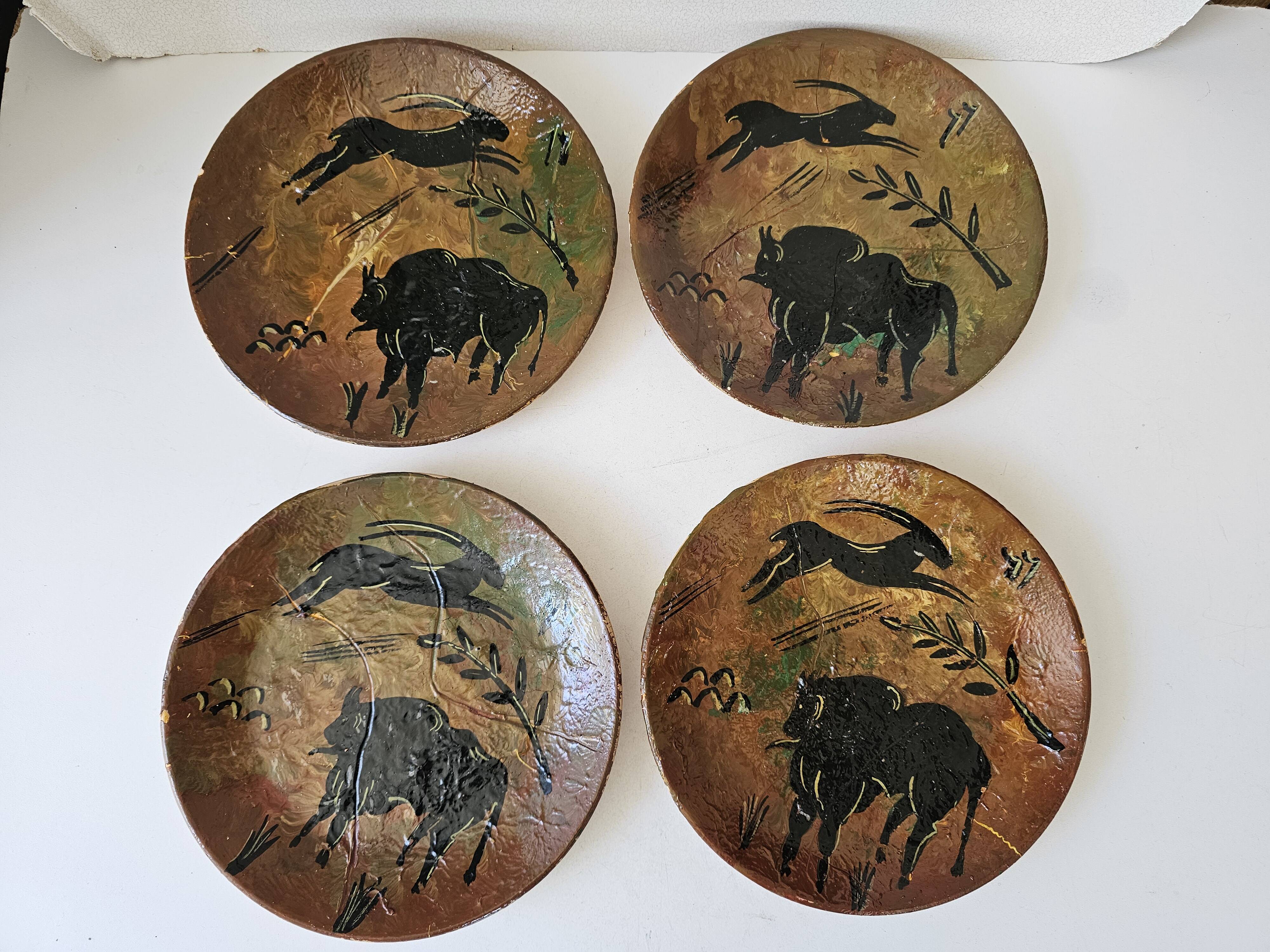 Set of 4 prehistoric rock plates Vallauris Vintage Diameter 20.