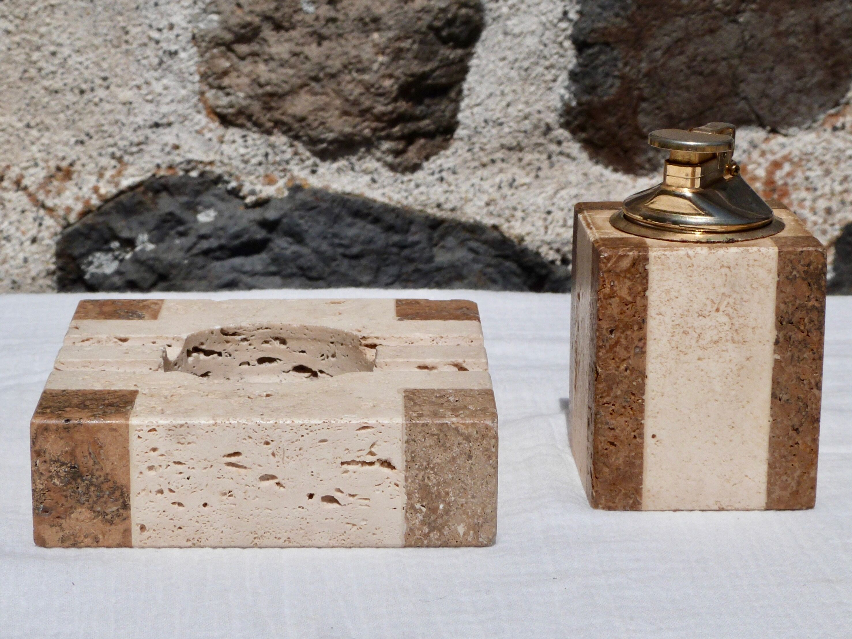 Travertine smoker's set, lighter and ashtray