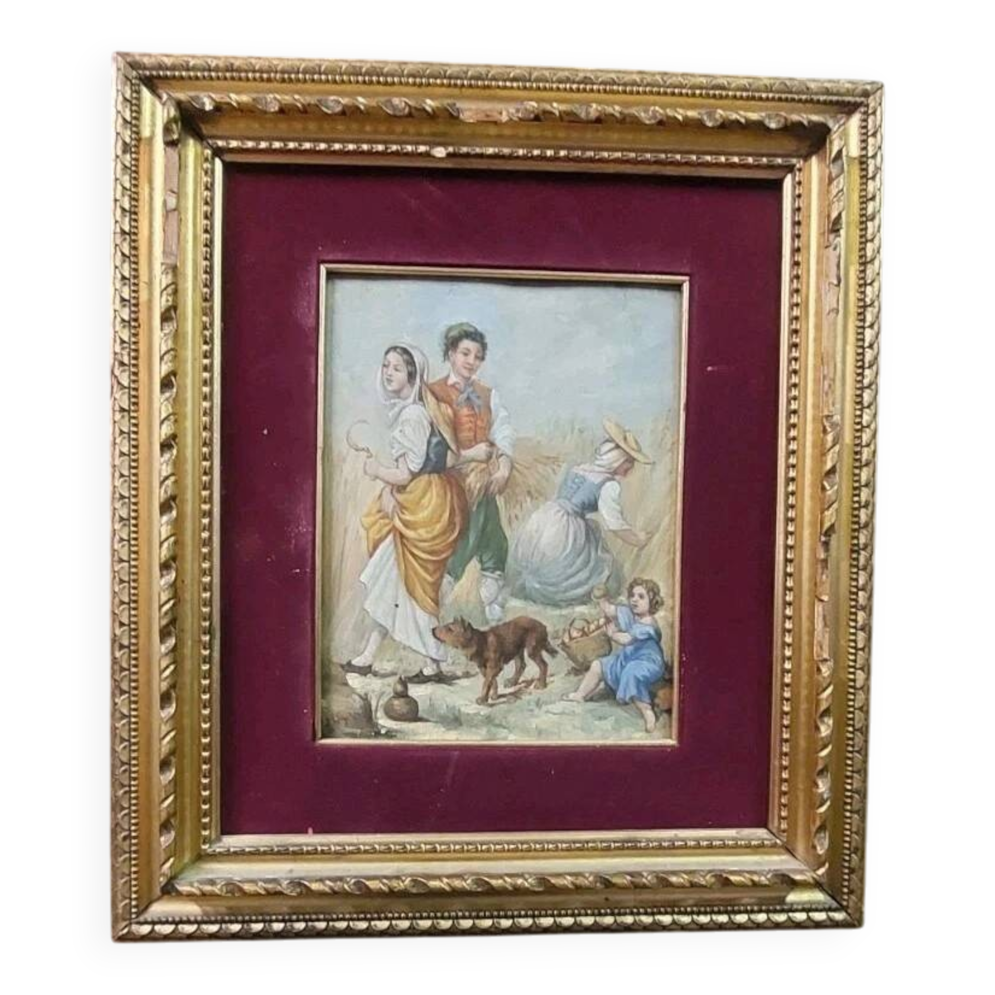 Antique 19th century wood panel, signed oil painting, popular scene