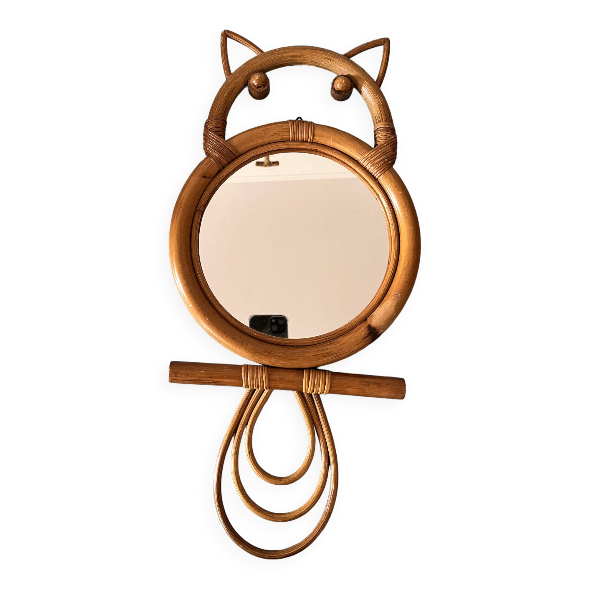cat or owl rattan mirror from the 70s