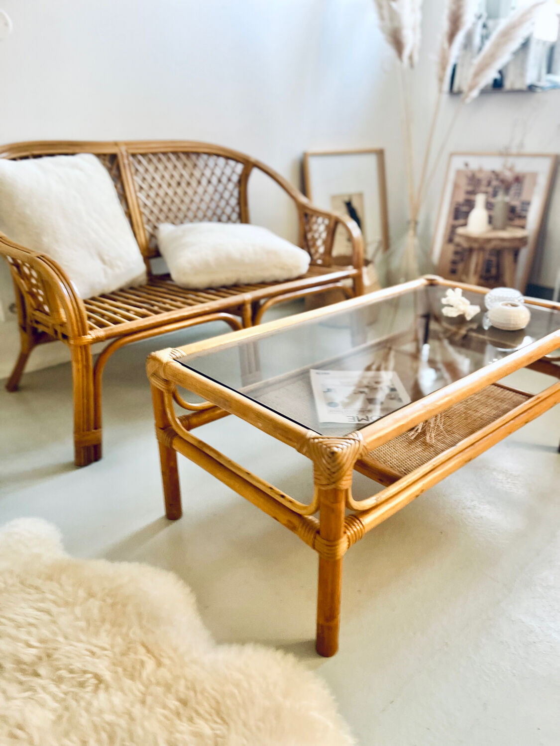 Coffee table 1960s/70s - smoked glass / bamboo / rattan / wicker