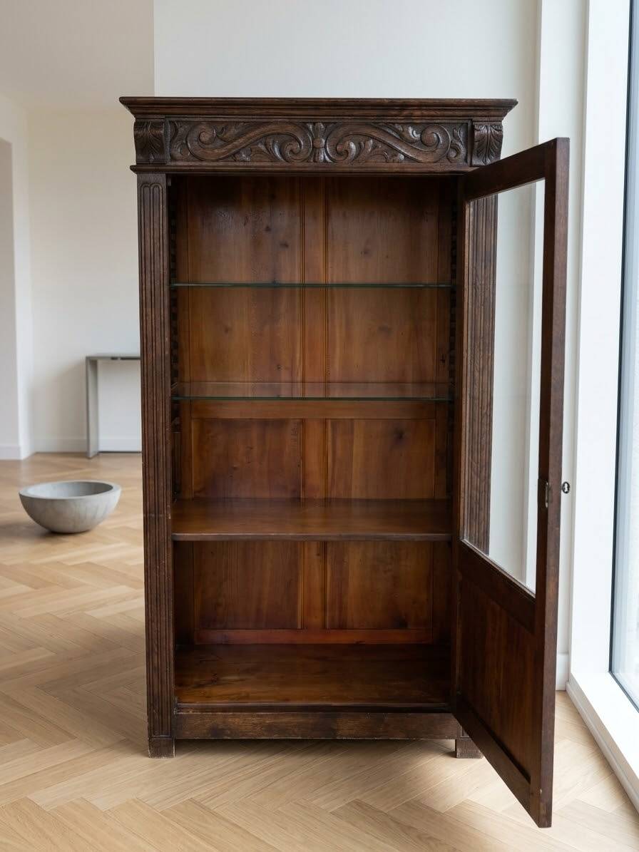 Antique oak display cabinet, solid, in the style of Spanish Renaissance, with sculpture and wrought iron.