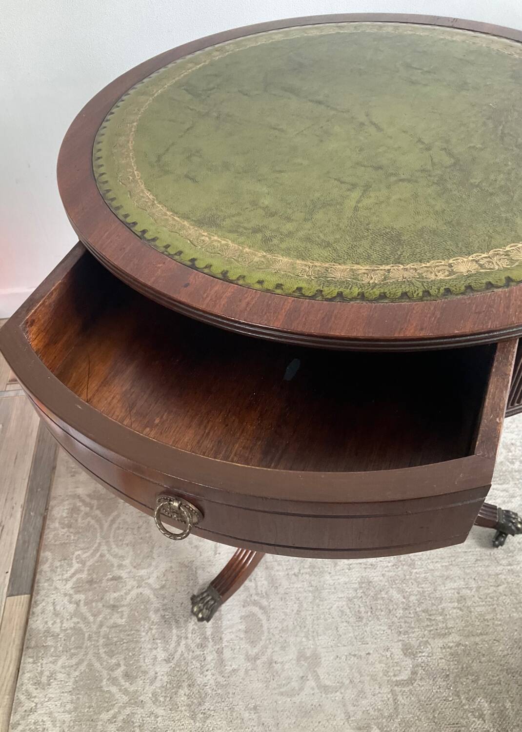 Antique Mahogany and Leather Side Table on Casters