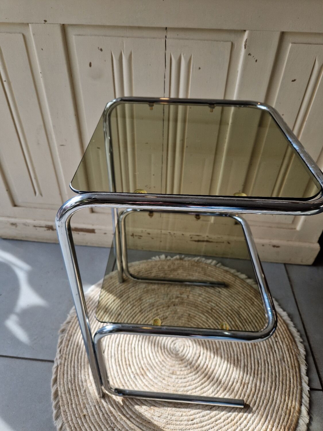 Side Table End Table Nightstand in Chrome Metal Tempered Glass