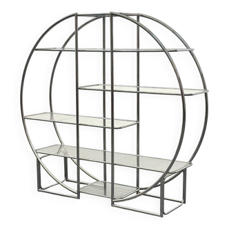Round Bauhaus shelving with tubular frame and glass shelves