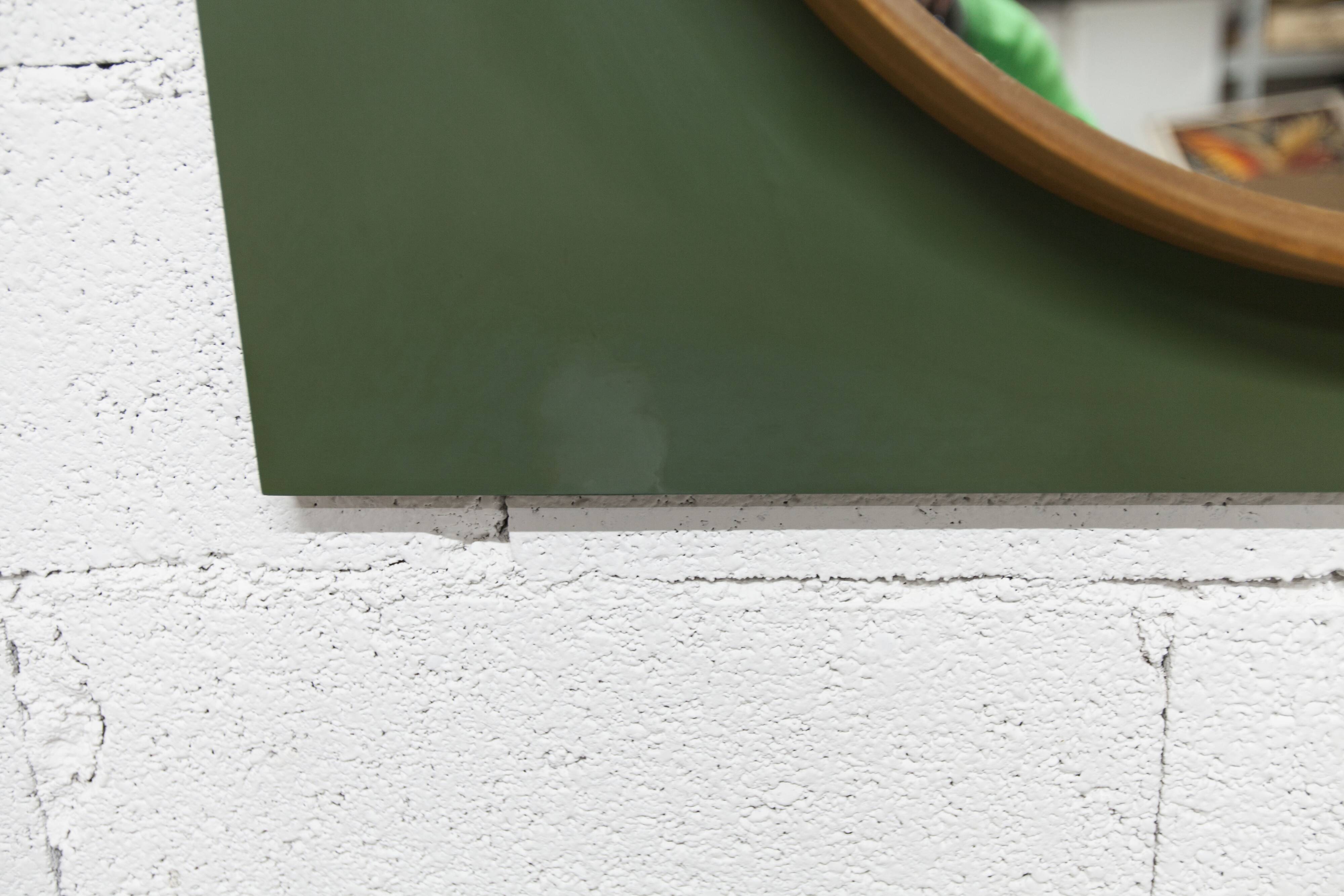 Unusual round wall mirror 60 cm teak edge on green rectangular board 1960.