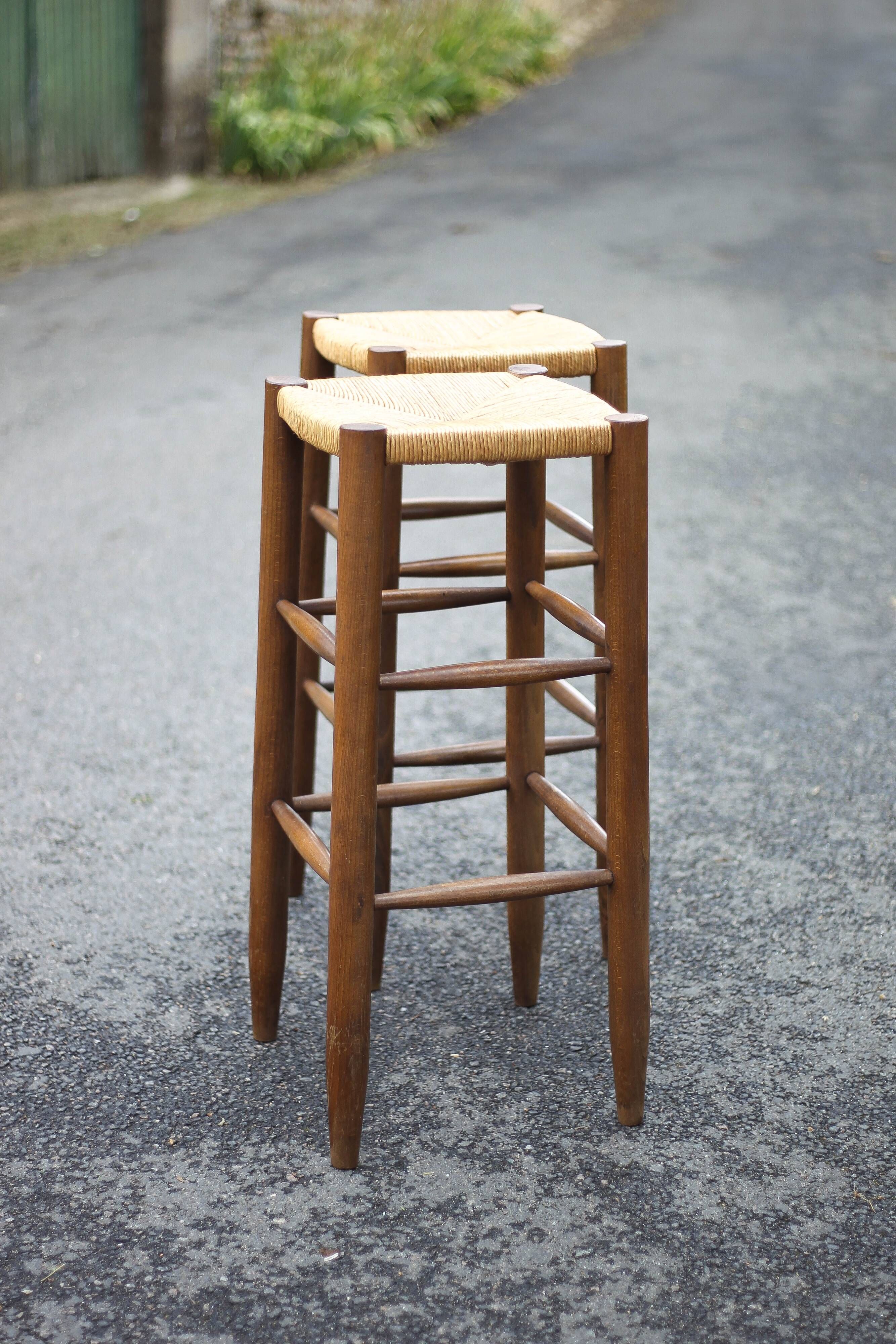 Pair of bar stools, wooden and straw stool, vintage bar stool, vintage stool, decoration