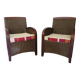 2 armchairs in woven rattan and wood, 1980s