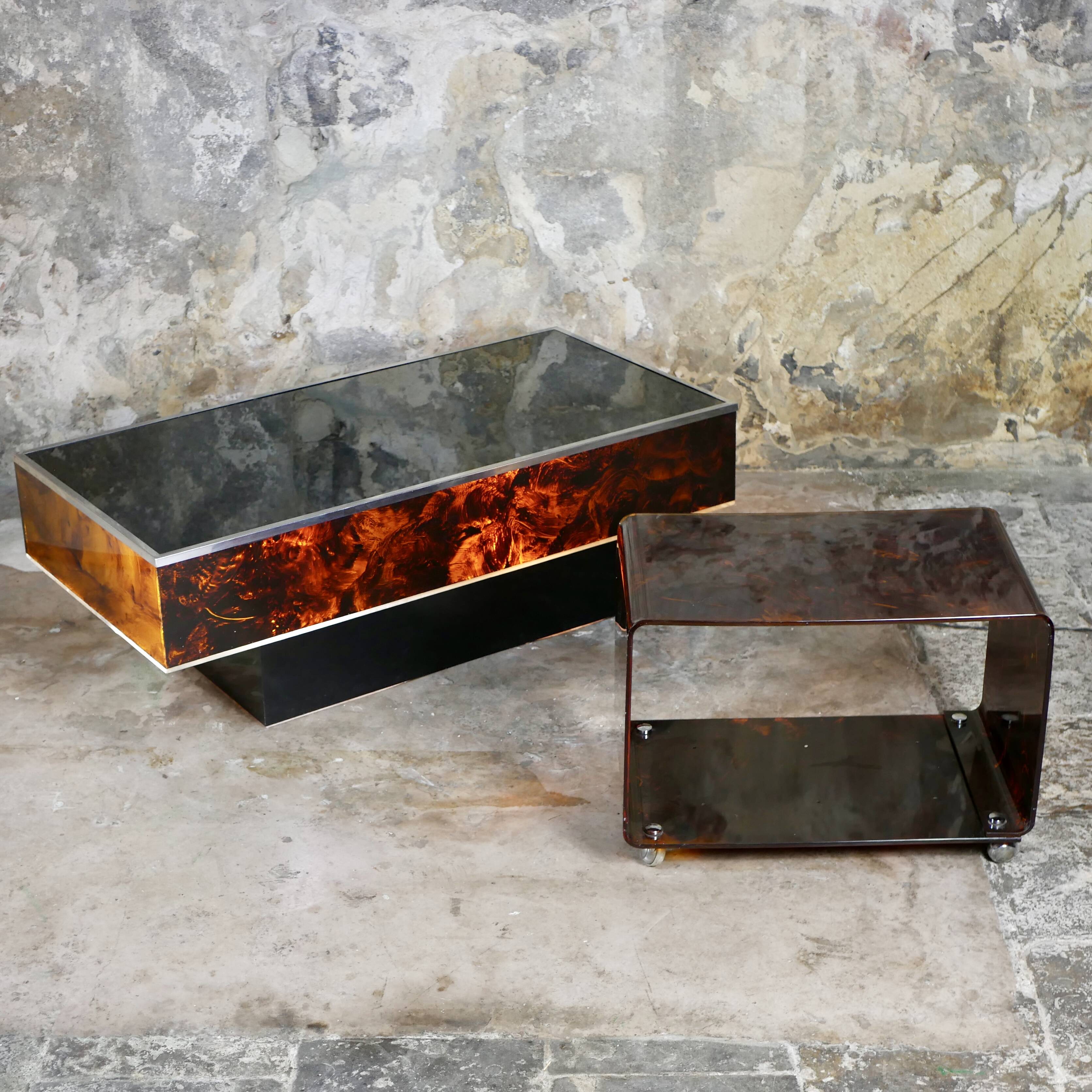 Tortoiseshell plexi side table on casters