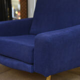 Pair of armchairs and ottoman vintage 1950 in blue velour and brass