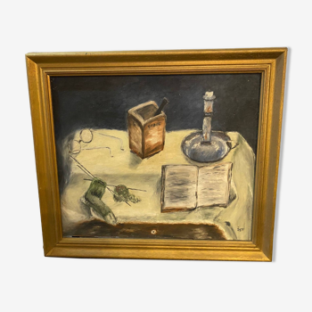 Oil painting on canvas still life the book by candle light signed josy