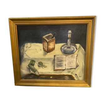 Oil painting on canvas still life the book by candle light signed josy