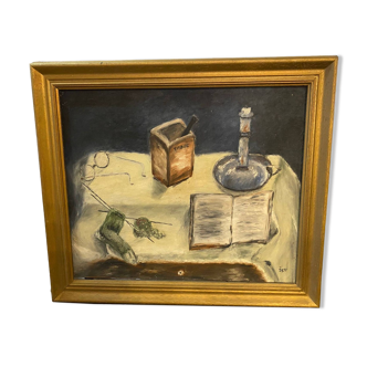 Peinture huile sur toile nature morte le livre a la chandelle signee josy