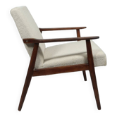Fauteuil moderne beige naturel bouclé couleur bois noyer 1970 chaise scandinave restaurée
