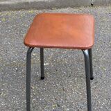 Vintage square stool in steel and brown leather.