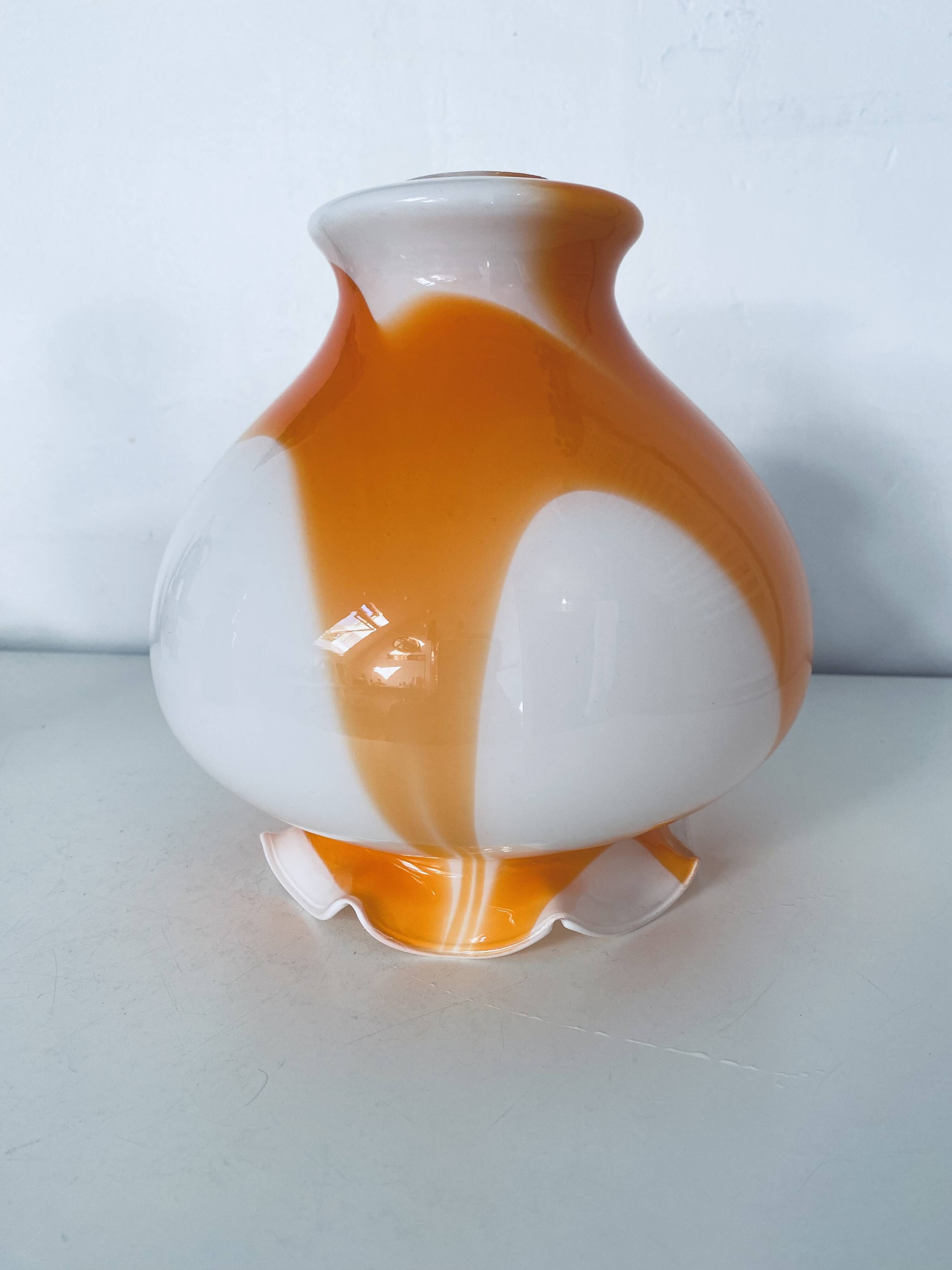 Globe lampshade in orange and white glass, vintage 1970s Space Age.