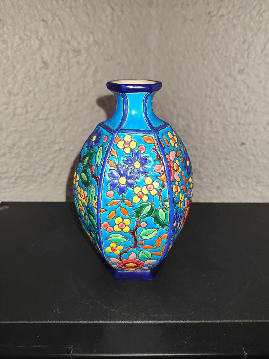 Octagonal ball vase in Longwy earthenware with floral decoration of cloisonné enamels