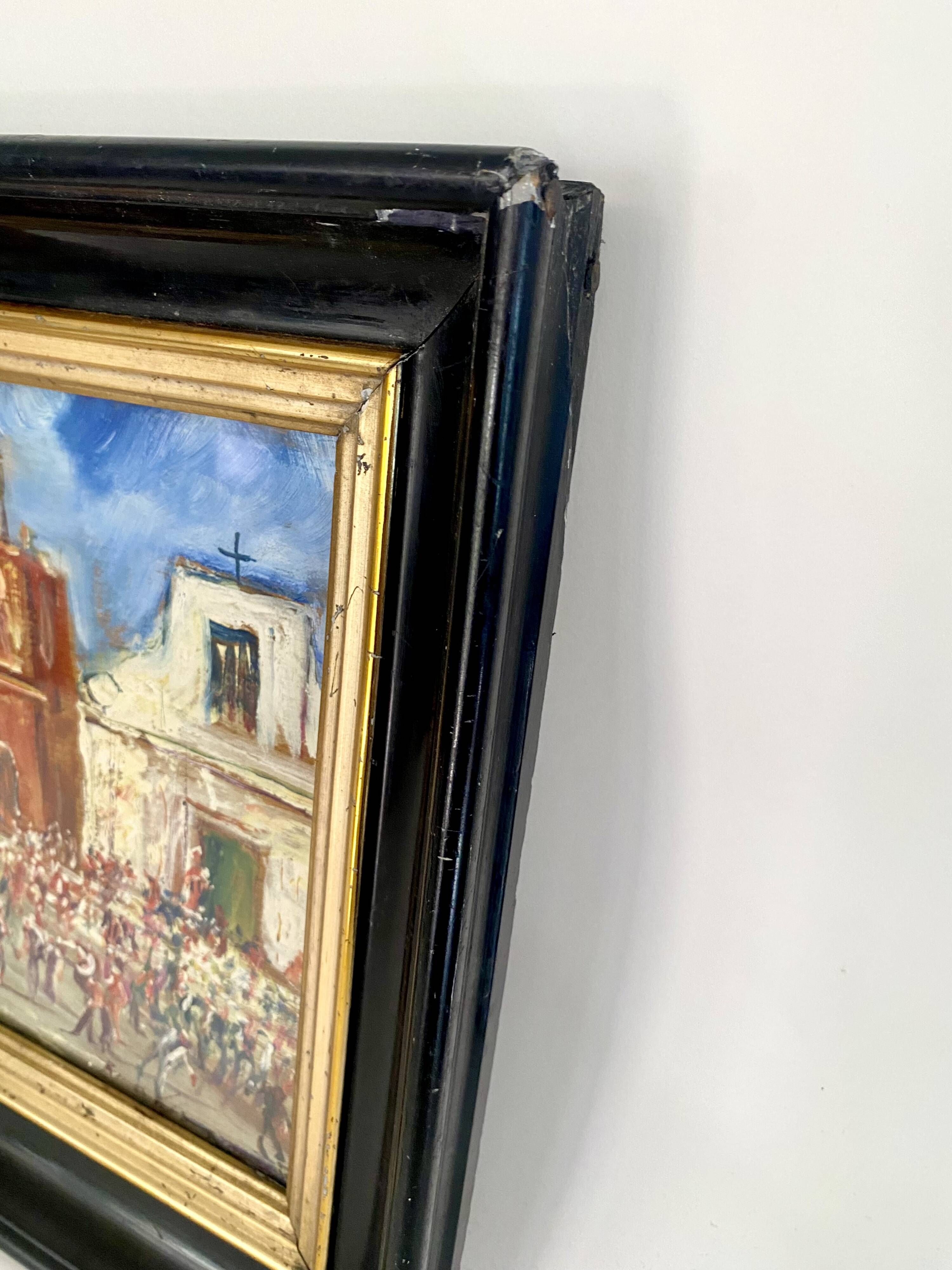 Oil painting "Sicilian Feast" in glass, 19th-century wooden frame.