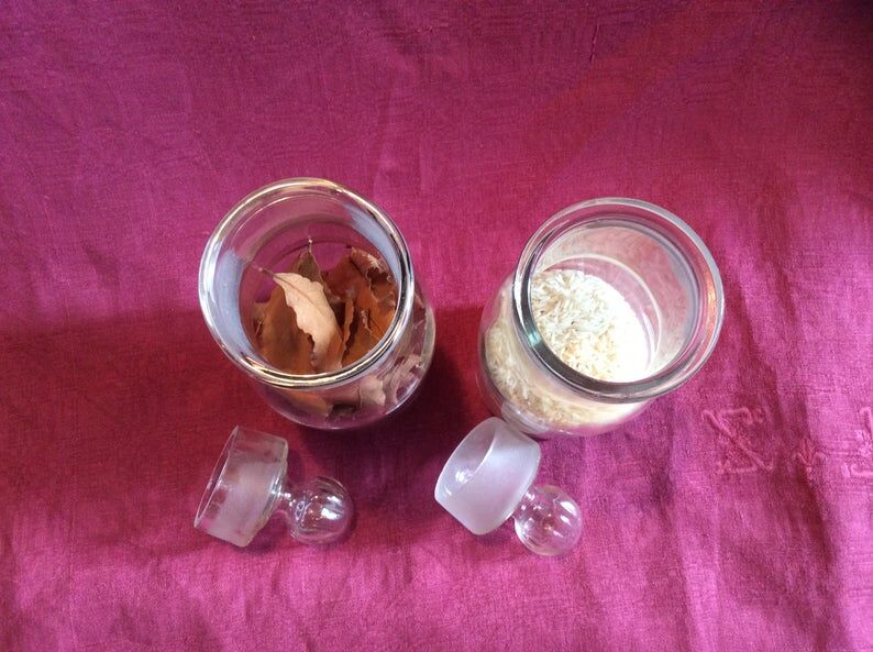 Set 2 old vintage kitchen glass jars