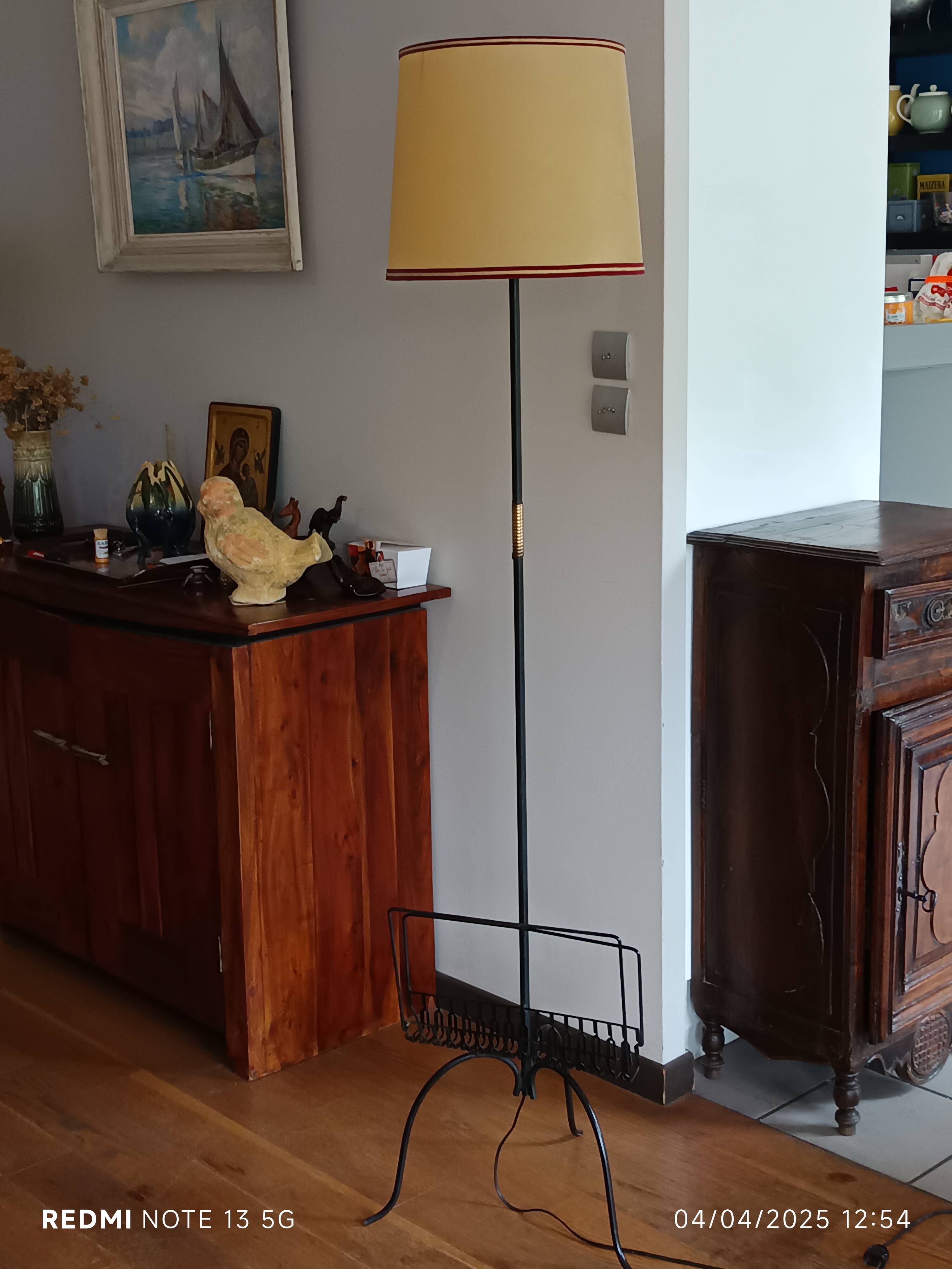 vintage wrought iron floor lamp with magazine rack 1960