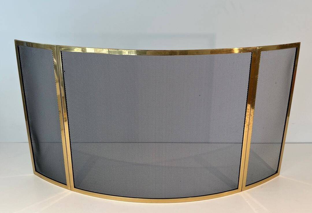 Curved Three-Panel Fire Screen in Polished Brass and Black Grille, in Style of