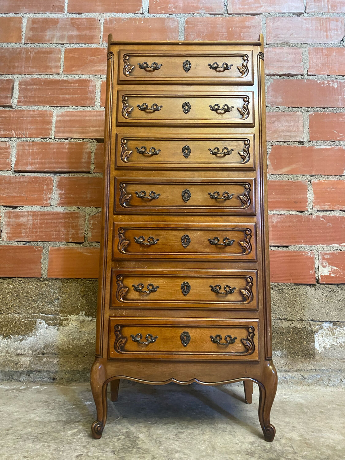 Antique louis xv style weekly chest wood 7 drawers & vintage metal handles