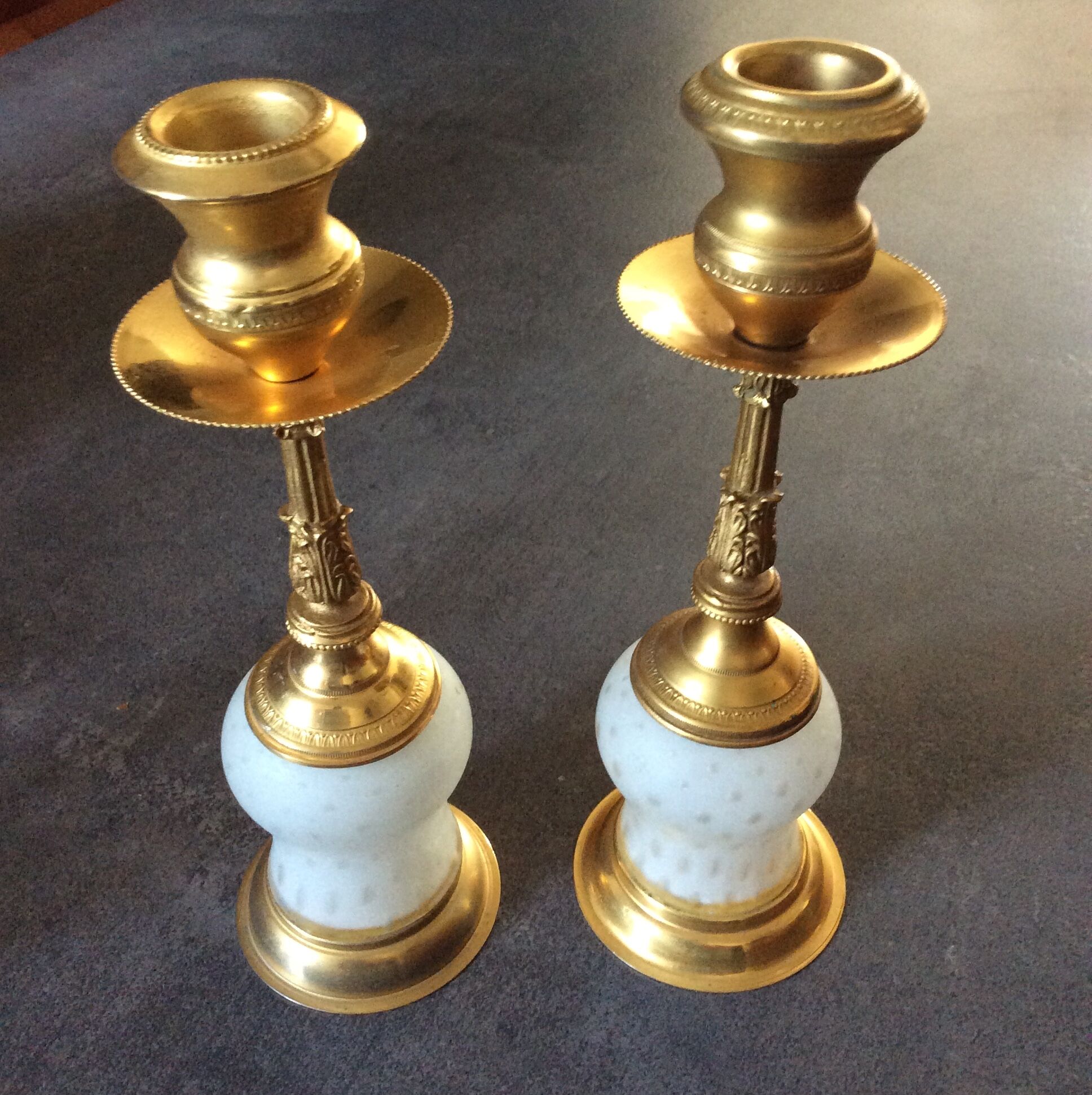 Pair of vintage candle holders in brass and glass paste