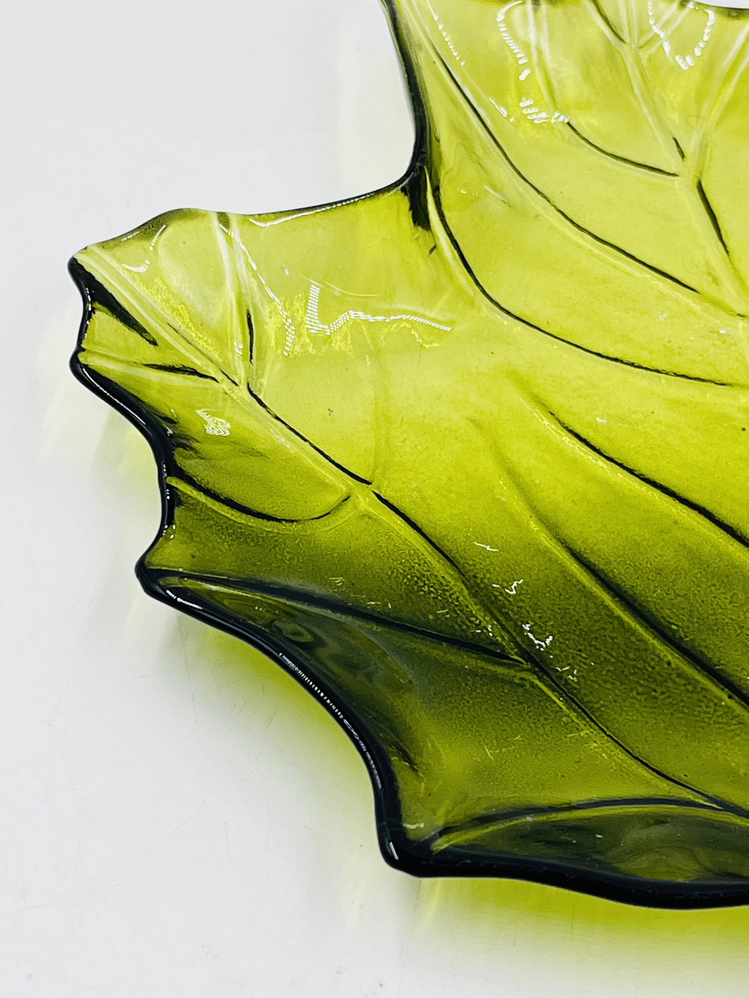 Vintage green glass leaf catchall from the 1970s.