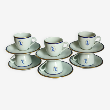 Set of six cups and six coffee saucers in vintage Bernardaud Limoges porcelain