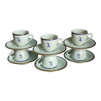 Set of six coffee cups and six saucers in vintage Bernardaud Limoges porcelain