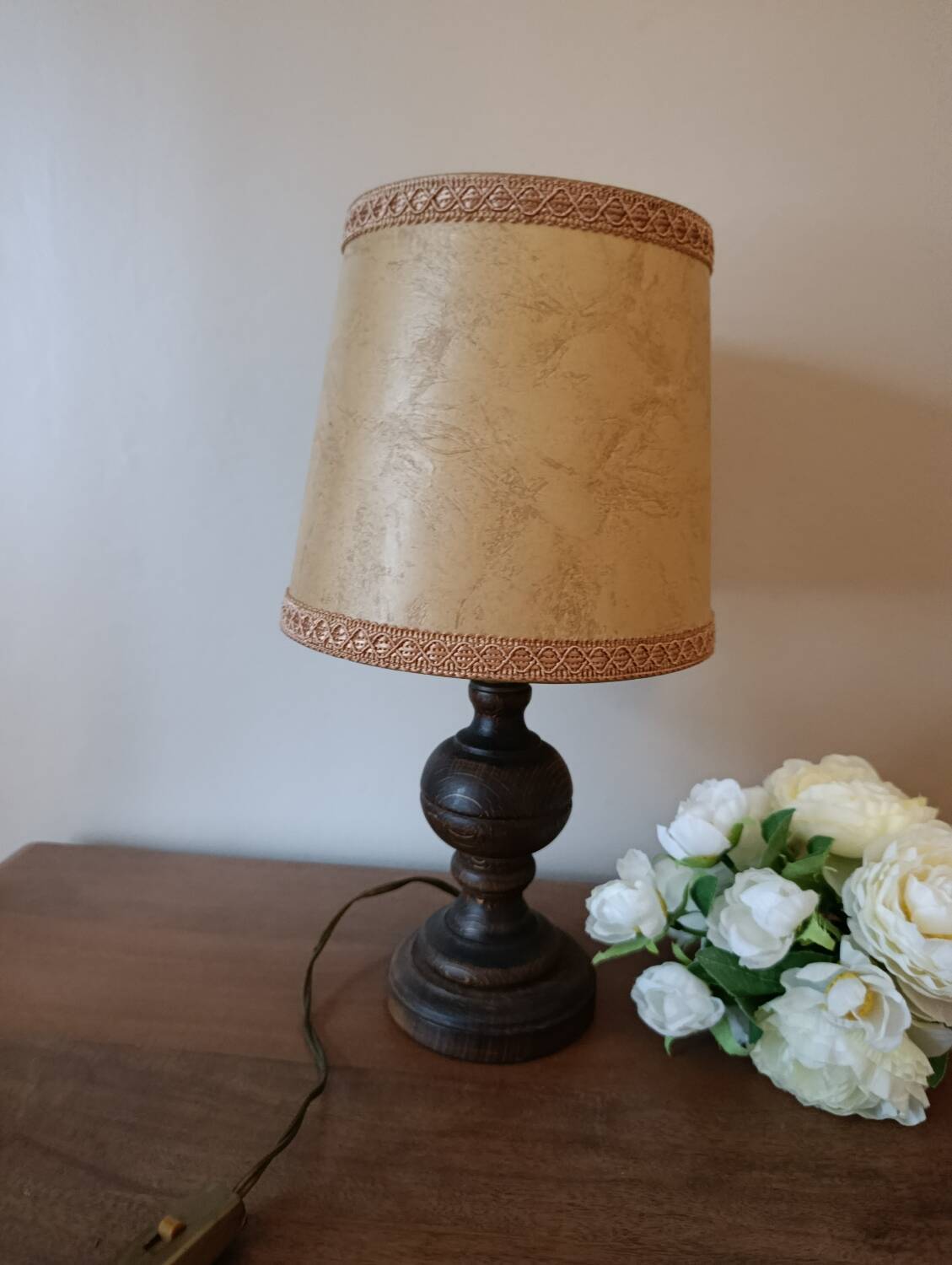 turned wooden table lamp, vintage leather shade