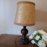 turned wooden table lamp, vintage leather shade
