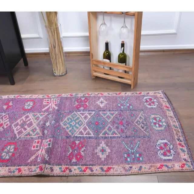 Vintage Turkish Oushak Handmade Cotton Purple Wool Runner Rug 80x348